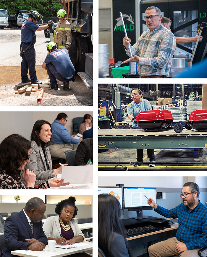 A collage of services provided by the UT Center for Industrial Services, including smart manufacturing, economic development and government contracting.